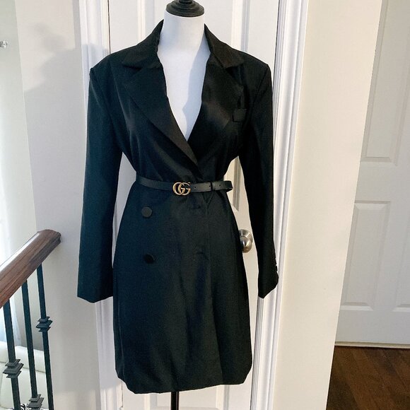 NWT Women Black Lapel Double Breasted Business Blazer Dress Trench Coat - Picture 1 of 5